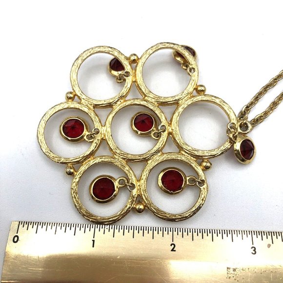 Vintage Crystal Waterfall Dangle Necklace Ruby Red Bezel Set Rhinestone Necklace - Picture 6 of 8